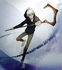 an anime character with white hair holding onto a stick