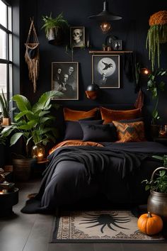 Casa Rock, Dark Boho Bedroom, Goth Bedroom, Dark Boho, Gothic Artwork, Gothic Bedroom, Bed Interior, Dark Bedroom