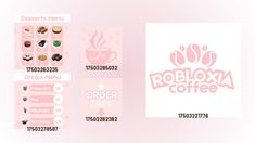 the menu for robloxia coffee is displayed on a pink and white background