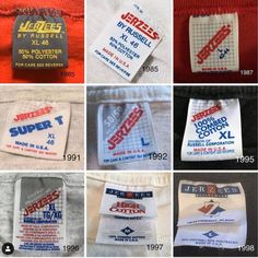 several different logos and labels on shirts