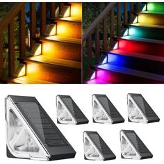 multicolored stair lights are on the steps