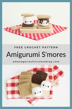 an amigurm s'mores pattern is shown on top of a red and white checkered table cloth