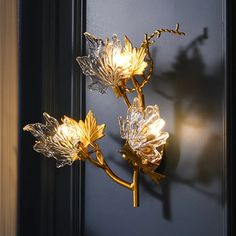 Maple Leaf Wall Lamp - 3-Light Clear Textured Glass Sconce In Gold For Bedroom Crystal Wall Lighting, Wall Lights Bedroom, Wall Sconces Bedroom, Luminaire Mural, Crystal Wall, Wall Fixtures, Ceiling Chandelier, Dining Room Walls, Maple Leafs