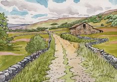 a watercolor painting of a dirt road leading to a stone house in the countryside