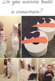 some kids are making snowmen out of toilet paper and other things to do with them