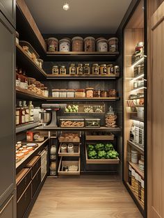 an open pantry filled with lots of food and containers on shelves next to wooden flooring