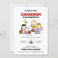 a cartoon character birthday party card with the words, it's game time