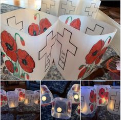 four images show how to make paper lanterns with poppies on them and candles in the middle