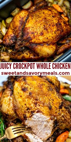 juicy crockpot whole chicken with carrots and potatoes