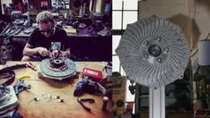 two pictures one with a man working on a cake and the other has an electric fan