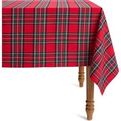 a red plaid tablecloth with wooden legs