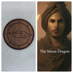 a man with a turban on his head next to a plaque that says the moon dragon