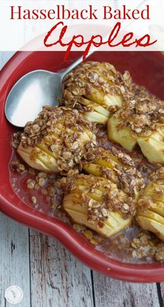 baked apples in a red bowl with spoon on the side and text overlay reads hasselback baked apples