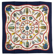 The Hermes "Qu'Import Le Flacon" Scarf made from 100% silk and designed by Catherine Baschet. Comes with no box. Grandma Scarf, Hermes Silk Scarf, Hermes Scarves, Hermes Silk, Silk Twill Scarf, Dish Plate, Hermes Accessories, Antique Perfume, Porcelain Dish