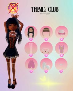 #DressToImpress Dit Outfit Combos, Di Overdressed Theme, Club Dti Theme, Theme In Dress To Impress, Dti Theme Club, Dti Outfits Ideas With Items, Every Theme In Dress To Impress, Club Outfits Dress To Impress