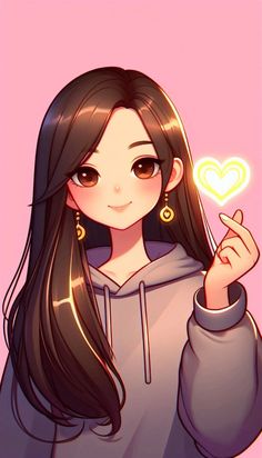 A 2D cartoon-style close-up image of a China girl with long, straight hair with a side part, wearing golden drop earrings. She is wearing a grey hoodie. The background is solid light pink, and she is holding a glowing heart-shaped sign. China Girl, A Cartoon, Grey Hoodie, Cartoon Styles, Straight Hairstyles, Light Pink, Lily, Pink, Floral