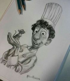 a drawing of a man with a mouse in his hand and a chef's hat on