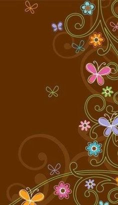 a brown background with colorful flowers and butterflies