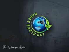 the logo for earth day is shown on a dark background with green leaves in the center