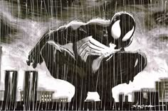 a drawing of a spider - man crouching in the rain