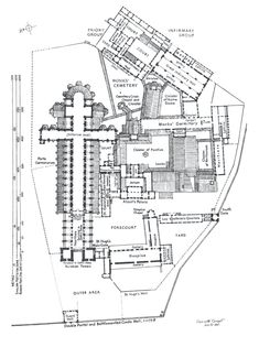 an old drawing shows the floor plan for a building with several floors and two stories