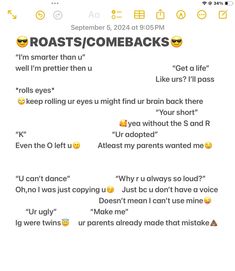 the text on this page says roasts / come backs i'm smarter than we