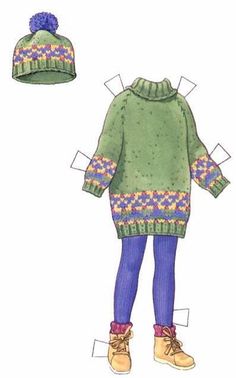 a child's green sweater and hat with blue leggings is shown in the image