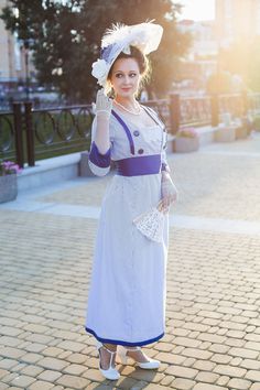 Light cotton dress is the good choice for walking along teh sea shore or visiting tea garden parties - everything in Edwardian style, of course :-) It's a slip-in dress without zippers or lacings, the waist is lined and fixed by 3 inches blue satin girdle with lacing. The skirt has pure cotton petticoat sewed to the waist seam, the bodice is not lined. Feel free asking for more information! This dress also can be done in custom colours and sizes. Titanic Dress, Tea Gown, Edwardian Fashion, Historical Costume, Historical Dresses, Fantasy Fashion, Blue Satin, Cotton Lights, Titanic