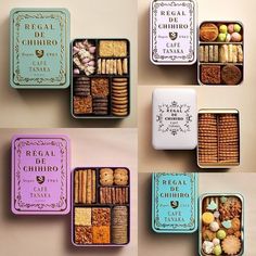 four tins filled with different types of cookies and crackers on top of each other