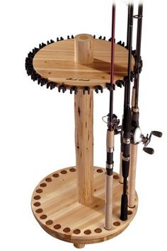 a wooden rack with two fishing rods on it