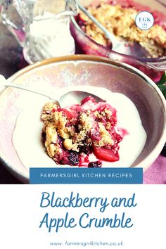 two bowls filled with food on top of a pink table cloth and the words blackberry and apple crumble