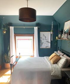 a bedroom with teal walls, white bedding and hanging plants on the wall