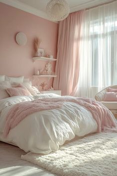 a bedroom with pink walls, white bedding and fluffy rugs on the floor