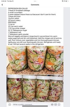 some jars filled with different types of vegetables and salads on top of each other