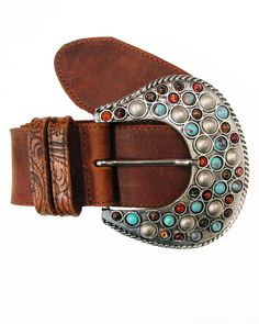 Multi-colored cabochons dot the over-sized buckle of this style, to bring a western flair to any look. 1.875"W Genuine Leather Acrylic Cabochons Made in the USA Embellished Belt, Hip Belt, Concho Belt, Ageless Style, Studded Belt, Vintage Butterfly, Chain Belt, Made In The Usa, Semiprecious Stones