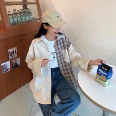 Loose Corduroy With Plaid Combination Blouse Shirt – Tomscloth Oversized Casual Patchwork Shirt, Casual Oversized Patchwork Shirt, Casual Patchwork Shirt For Winter, Casual Winter Patchwork Shirt, Casual Beige Shirt For Winter, Casual Beige Winter Shirt, Outfit Bts, Korean Girl Fashion, Pink Pastel