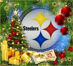 a christmas tree, presents and a pittsburgh football logo on the side of a wall