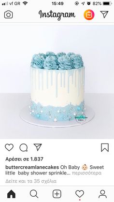 a white cake with blue frosting on top and the words instagram above it