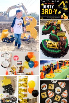 construction themed birthday party with yellow and black decorations, cake, cupcakes, and balloons