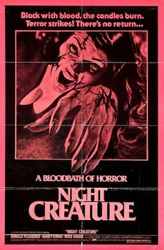 a movie poster for the horror film night creature, with an image of a woman's face and hands