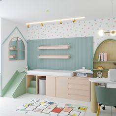 a child's room with pastel colors and polka dots on the walls, including a play area