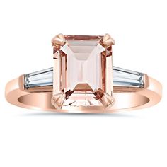 Emerald Cut Morganite and Baguette Three Stone Engagement Ring Peach Morganite Ring, Gold Bar Earrings Studs, Diamond Three Stone Ring, Baguette Engagement Ring, Stackable Wedding Bands, Engagement Ring Rose Gold, Three Stone Engagement Ring, Emerald Engagement Ring Cut