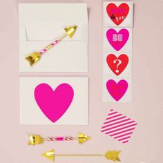 valentine's day printables with gold arrow and heart stickers on pink background