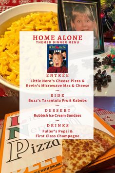 Home Alone Themed Dinner Menu Dinner And A Movie Menu Disney Family, Thanksgiving Dinner And A Movie, Holiday Movie Dinner Ideas, Home Alone Themed Movie Night, Christmas Dinner Movie Night, Home Alone Inspired Food, Family Themed Dinner Ideas, Non Tradition Christmas Dinner, Christmas Menu Ideas Holiday Foods