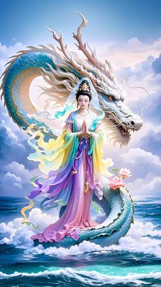 a painting of a woman with a dragon on her back in the sky above water