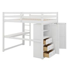 a white loft bed with drawers underneath it and an open drawer under the bottom bunk