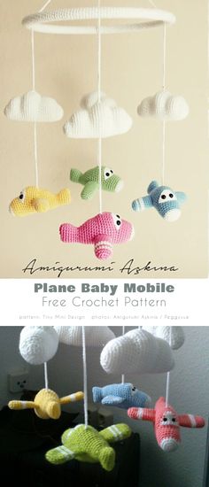 the crochet pattern for an airplane mobile is shown in three different colors and sizes