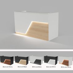 the front and back sides of a reception desk with different colors, shapes and finishes