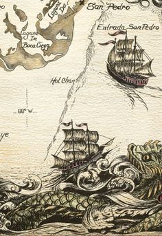 an old pirate map with ships in the ocean