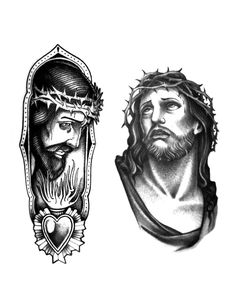 two tattoos depicting jesus and the virgin mary, one with a crown on it's head